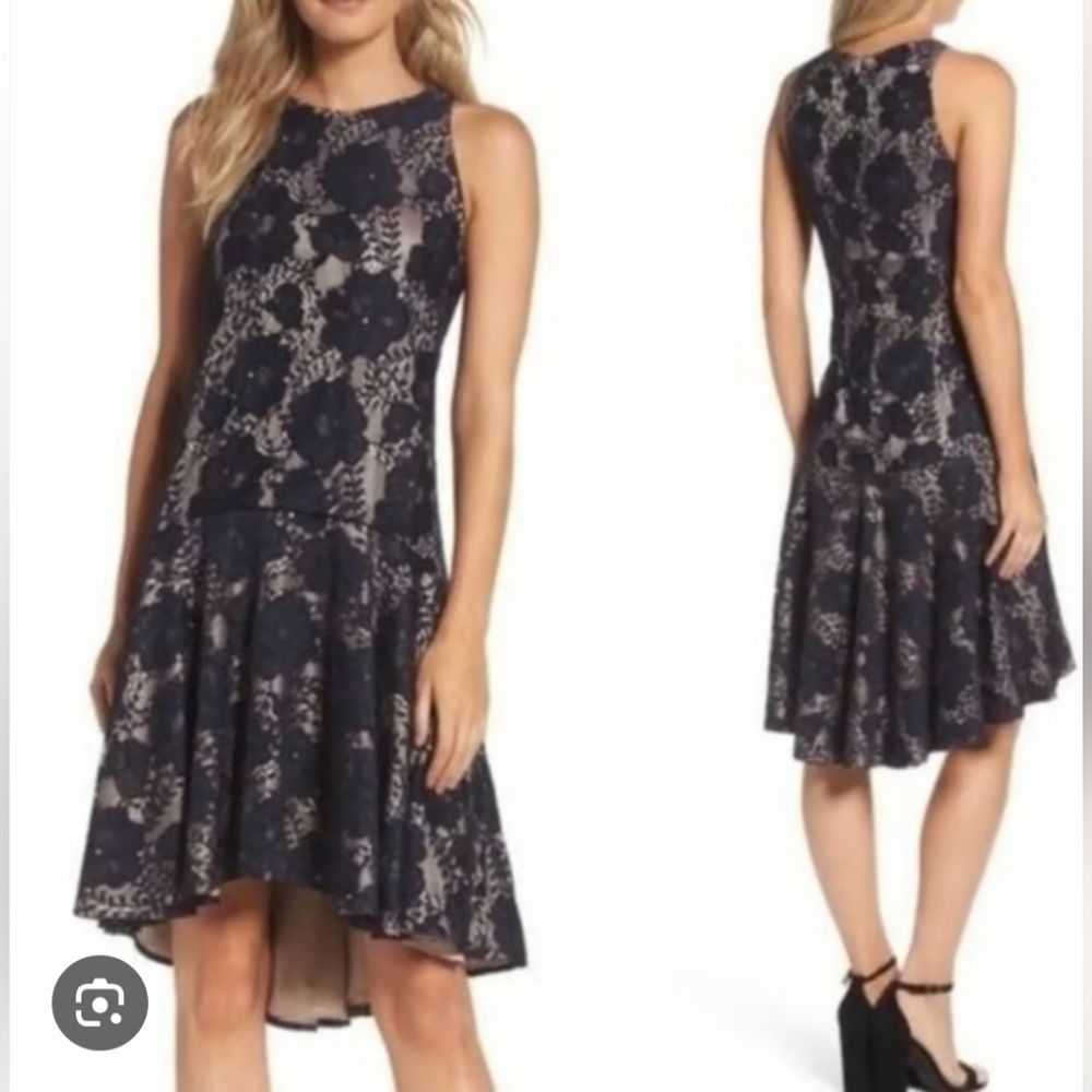 Eliza J Navy Lace Fit & Flare Dress Size 14P | Sleeveless Cocktail Party Dress